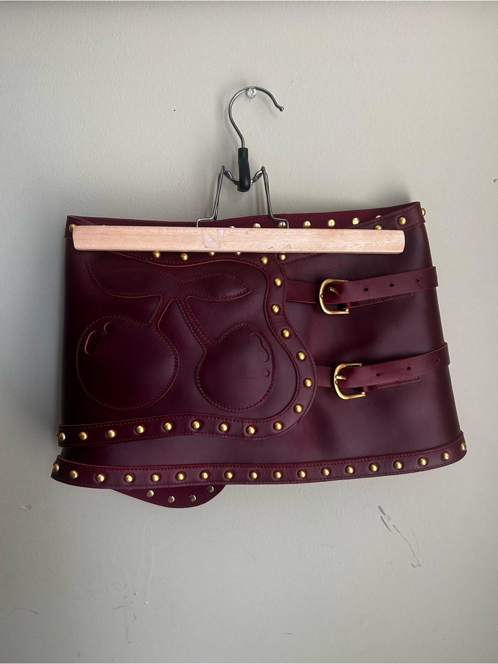 Womens Studded Cherry-Embossed Leather Waist Belt Skirt - Burgundy